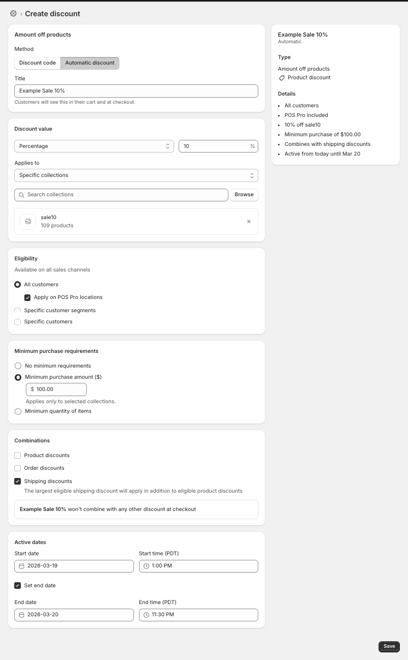 Example discount settings